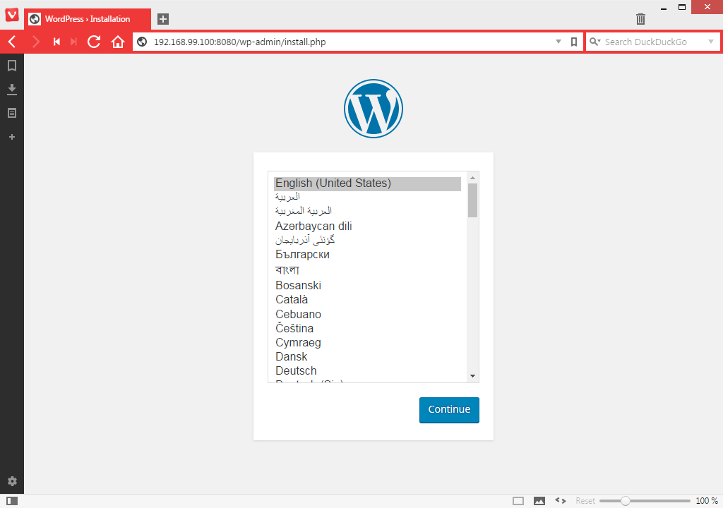WordPress install page